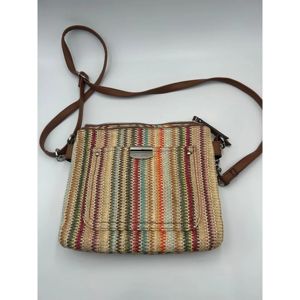 Rosetti Multi-Color Woven Straw Crossbody Bag Brown Faux Leather Strap B1040